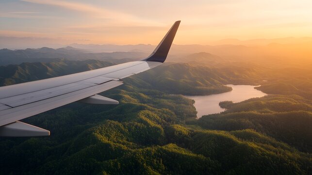 Breathtaking aerial view from an airplane wing, showcasing lush mountains and a tranquil lake at sunset.