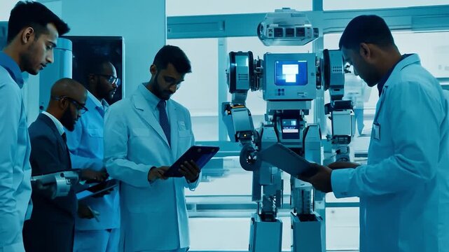 Team of engineers and scientists working together, programming a robot using digital tablets