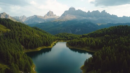 Aerial view of Lago Antorno in the Dolomites, showcasing the serene lake surrounded by majestic Alps peaks and lush greenery, offering a breathtaking mountain landscape.