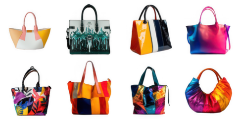 Collection of Colorful Designer Handbags on white or transparent background cutout.