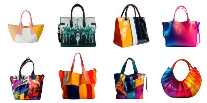Collection of Colorful Designer Handbags on white or transparent background cutout.