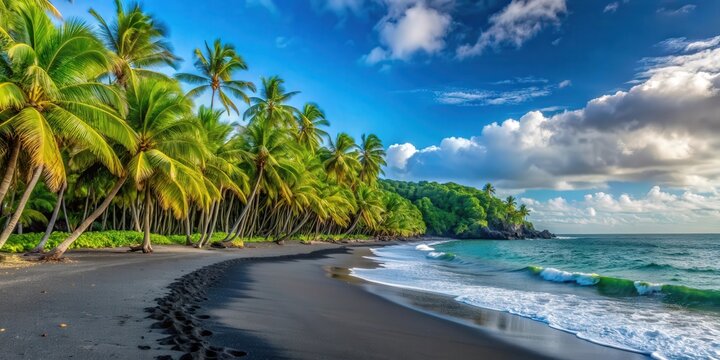 Beautiful black sand beach with palm trees and turquoise water, Hawaii, Big Island