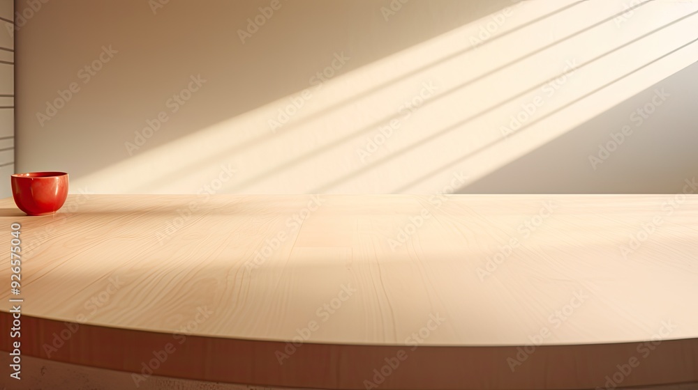 Poster a minimalist table setting with a red cup and soft light creating a serene atmosphere.