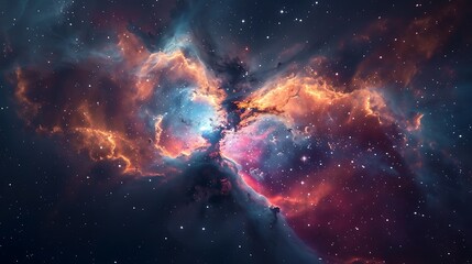 Fototapeta premium A close-up of a nebula, vibrant and intricate gas formations, new stars being born, viewed from a nearby star system, bright and colorful, capturing the awe-inspiring beauty of stellar nurseries.