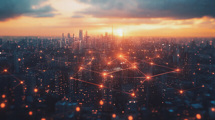 Fototapeta premium Smart digital Innovation city with connection network reciprocity over the cityscape. of future smart wireless digital city and social media networking systems that connects people with in city