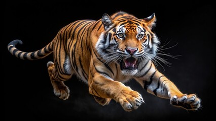 Obraz premium Dangerous tiger in mid-jump with open mouth and sharp teeth on black background, tiger, jump, sharp teeth, ferocious, predator