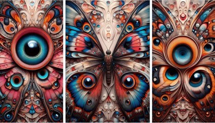 Triptych art of photorealistic butterflies, close-up portraits, intricate patterns and colors, photography