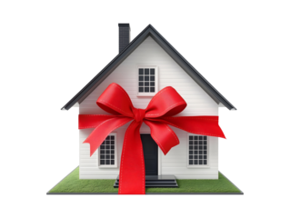 House gift concept, home wrapped with a red bow isolated on transparent or white background