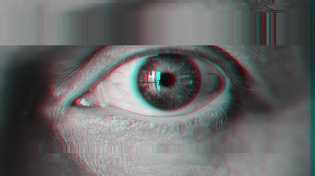 Close up of female eye watching with digital glitch effect - concept of surveillance and control