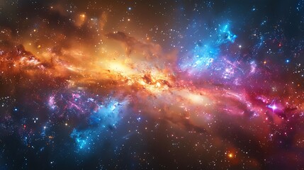 Naklejka premium A cosmic dance of colliding galaxies, vibrant colors and swirling stars, viewed from a distant star system, bright light bursts, and ethereal gas formations,