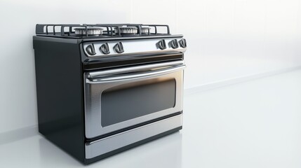 Fototapeta premium A shiny stainless steel gas stove isolated on a clean white background, emphasizing modern kitchen technology and design.