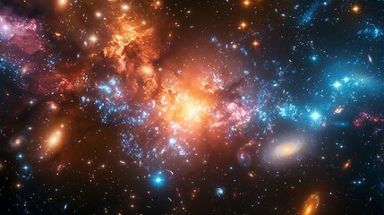 Obraz premium A cosmic vista of a galactic cluster, with galaxies of various shapes and colors, seen from a distant planet, capturing the awe-inspiring and intricate beauty of this celestial scene. --ar 16:9 --v 6.