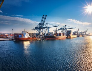 Obraz premium Arranging the Trade A Busy Harbor Dockyard Delivering Industrial Goods