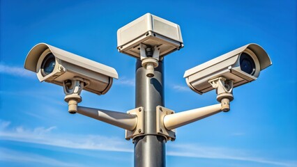 Three security CCTV cameras mounted on public light pylon, security, surveillance, CCTV, cameras, public, infrastructure