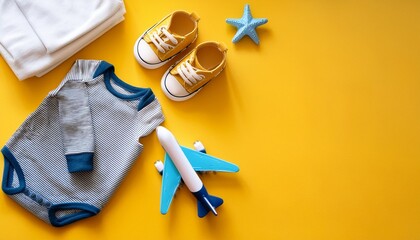 Assortment of infant garments, footwear and a toy airplane displayed on a vibrant yellow backdrop.