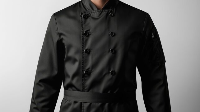 A black chef jacket mockup on a minimalist background, showcasing fine details and a professional, clean-cut appearance.