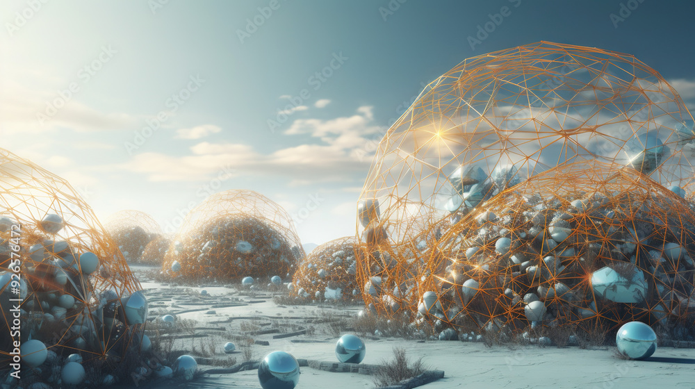 Poster Abstract scfi-fi landscape with connected 3D balls and molecular grid structure. Futuristic surreal abstraction.