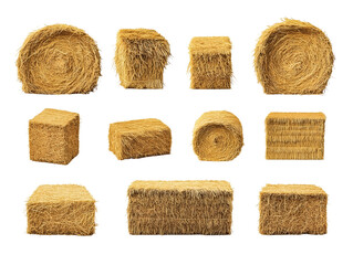 Collection set of bales of hay isolated on transparent or white background