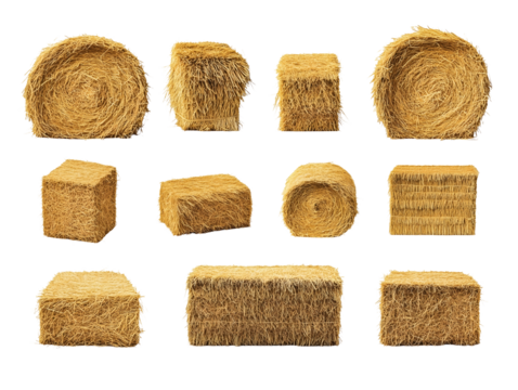 Collection set of bales of hay isolated on transparent or white background