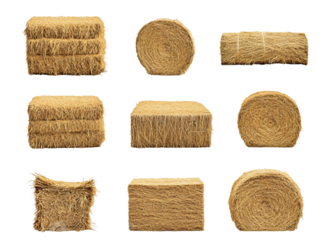 Collection set of bales of hay isolated on transparent or white background