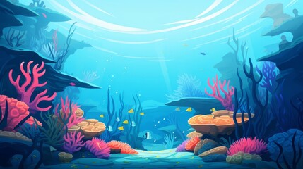 Fototapeta premium Coral reef underwater, flat design, front view, oceanic theme, animation, Complementary Color Scheme