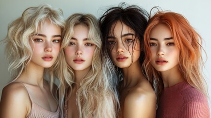 Obraz premium Four women showcase their unique hairstyles and natural beauty, illuminated by soft light in a modern, minimalistic studio