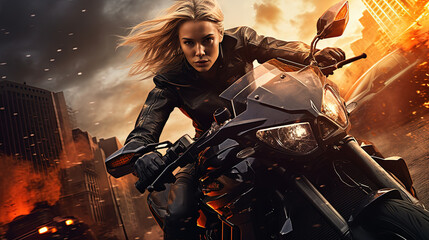 Action shot with woman on the bike riding away from fire and explosion. Dynamic scene in action movie blockbuster style.