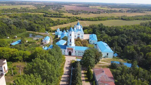 The aerial video of Korennaya Pustyn, a monastery in Kursk Region of Russia, a famous Christian Orthodox shrine and temple.
