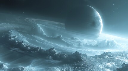 Fototapeta premium A gas giant with majestic rings, seen from a nearby moon, intricate details of the planet's atmosphere and swirling clouds, vibrant colors,