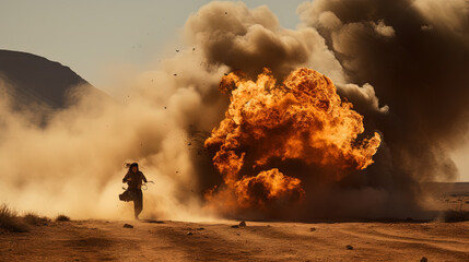 Action shot with woman walking leaving fire and explosions behind his back. Dynamic scene in action movie blockbuster style