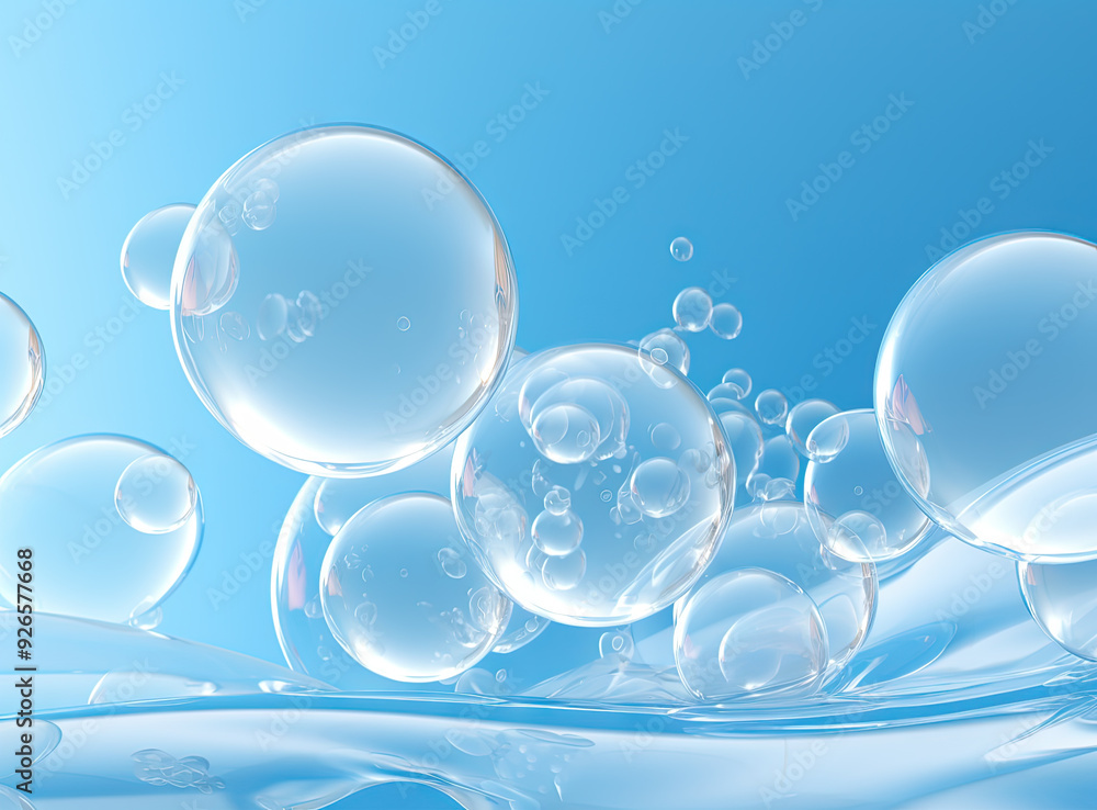 Poster soaring bubbles on blue background. abstract soap bubbles floating background.