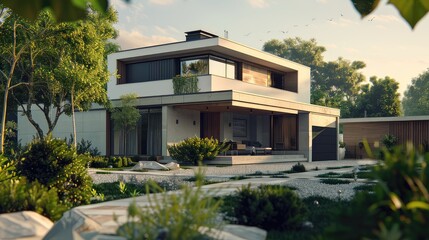 Fototapeta premium Modern house with large windows and a lush green garden, surrounded by trees and rocks.