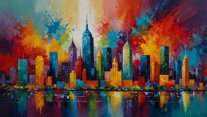Obraz premium A painting capturing the jubilee of colors exploding in a vibrant, abstract cityscape ai_generated