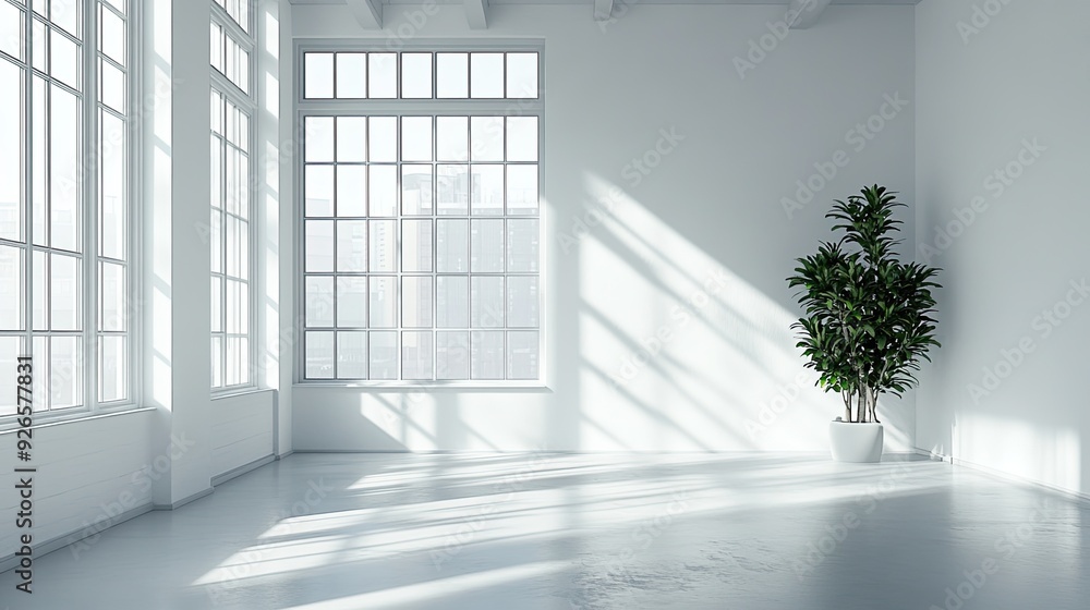 Poster an empty room with clean white walls and large windows that flood the space with sunlight, casting g