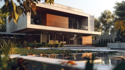 Obraz premium Modern, minimalist house with a swimming pool and lush landscaping. The home features large windows and a contemporary design.
