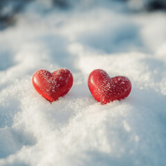 Fototapeta premium Two red heart-shaped objects resting on snow, slightly covered with snowflakes, symbolizing love and romance in a winter setting, with a focus on the concept of togetherness and warmth.