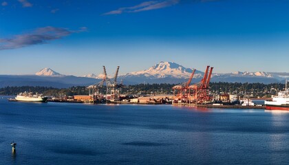 Fototapeta premium Bremerton, a city in Washington state, has a beautiful harbor and stunning views of the Olympic Mountains.