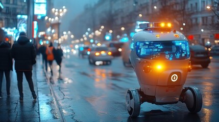A hybrid-powered autonomous robot patrolling a smart city, with bright LED lights and sensors scanning the area