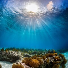 Naklejka premium Bright sunlight reflects on the water, revealing a clear view of the underwater world in the Bahamas.