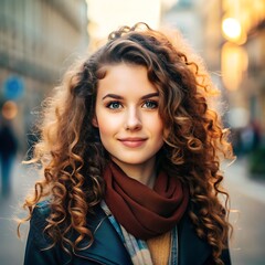 Fototapeta premium Portrait of a pretty young female supermodel with long beautiful healthy wavy hair and lovely makeup
