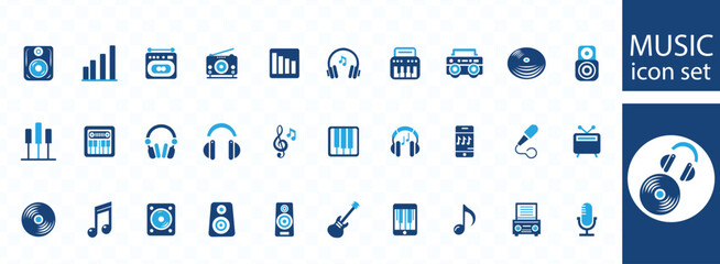 Musical instrument symbol. Containing musical note, vinyl record, radio, piano, speaker, sound and disc icons