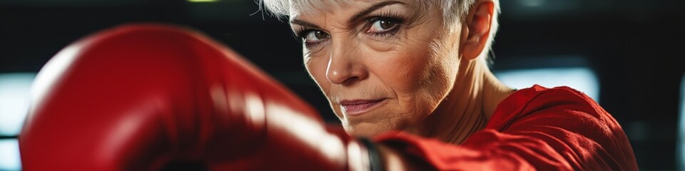 Obraz premium A woman in a red boxing glove is about to throw a punch. Concept of determination and strength, as the woman prepares to engage in a physical activity