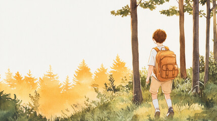 A young boy stands amidst trees, looking toward a serene forest with golden hues, evoking a sense of adventure and exploration. watercolor Style.