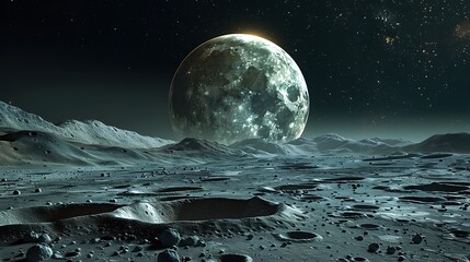 A lunar landscape with expansive craters and jagged valleys, the distant planet it orbits visible in the sky, illuminated by the planet's light,
