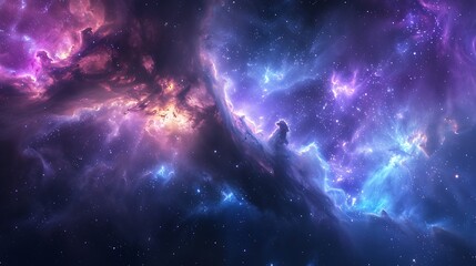 A majestic interstellar cloud with swirling gas and dust, stars forming within, light breaking through the cosmic mist, vibrant hues of blue and purple, viewed from a distant planet,