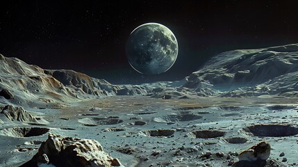 A moon's surface with vast craters and jagged valleys, the distant planet it orbits visible in the sky, illuminated by the planet's light,