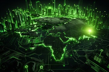 Fototapeta premium Futuristic green cityscapes with glowing digital technology and global connection themes.