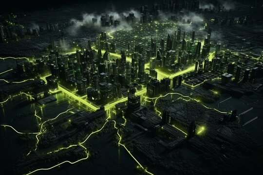 Futuristic green cityscapes with glowing digital technology and global connection themes.