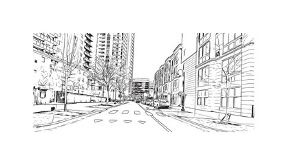 Building view with landmark of Stamford is the city in USA. Hand drawn sketch illustration in vector.