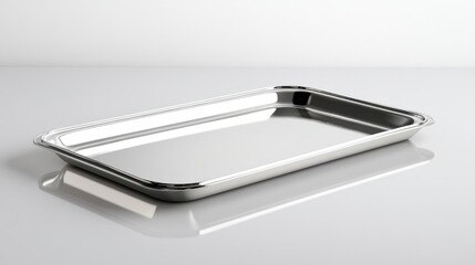 Elegant silver tray with a shiny reflective surface, beautifully isolated in a white space, ready for gourmet food presentation.